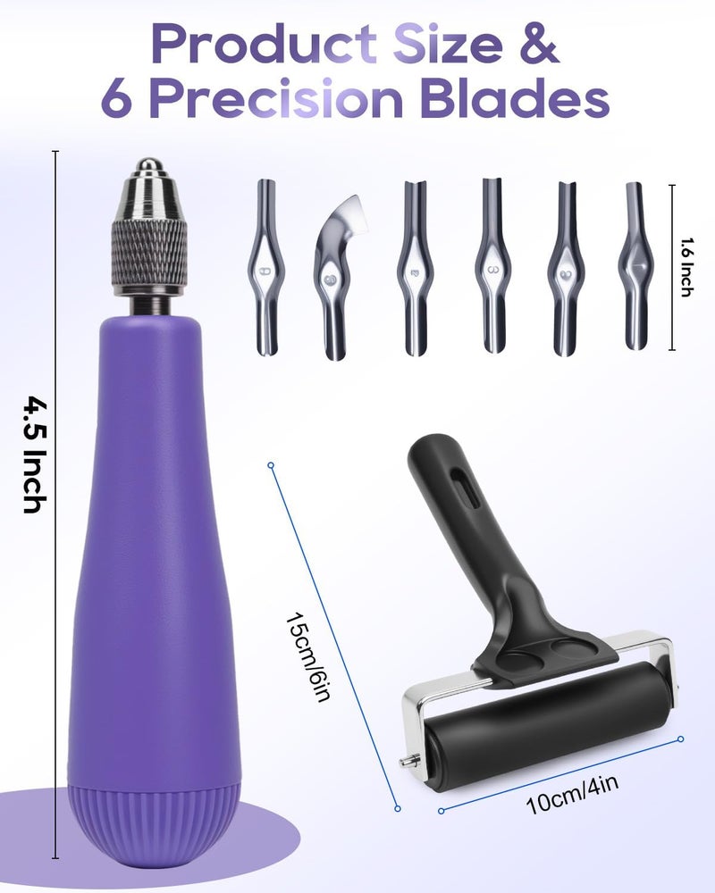 UCEC Linocut Carving Tools Linoleum Cutter Assortment for Block Printing Lino Cutting Tools for DIY Rubber Stamp Carving Kit & Beginners 6 Blades Universal Size Purple With A Brayer Roller(4 Inch) - Image 2